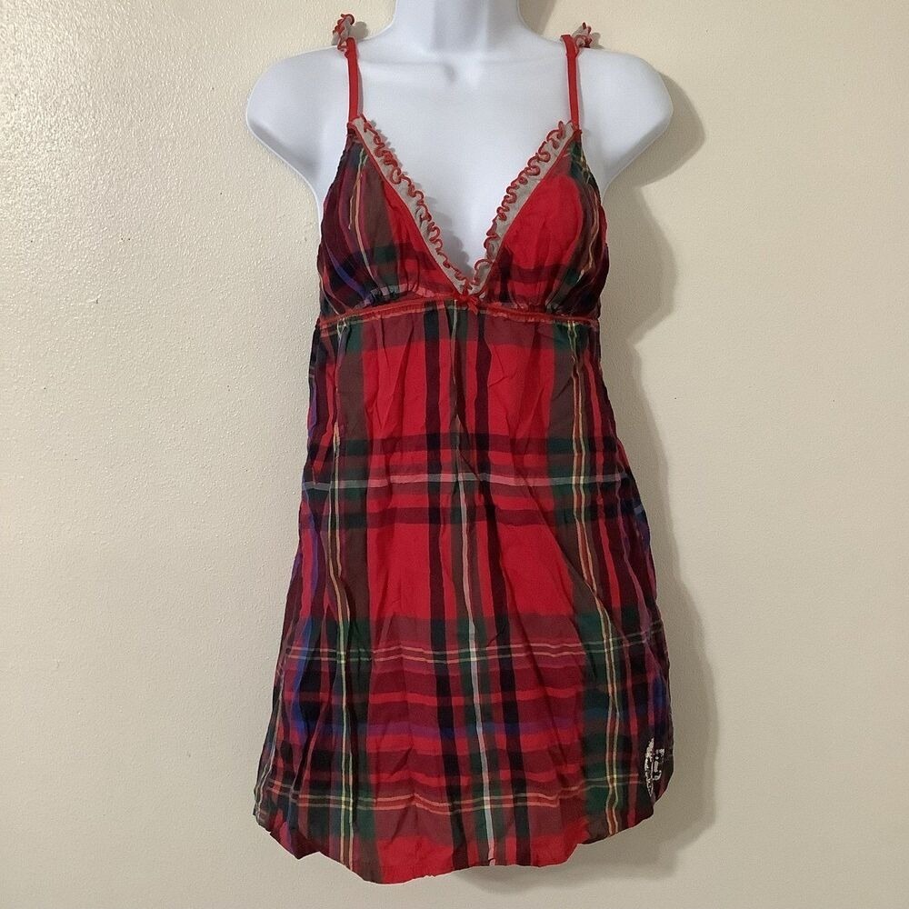 Y2K Plaid Slip Dress Medium 2000s Preppy Schoolgirl McBling Logo 2000s Ruffle